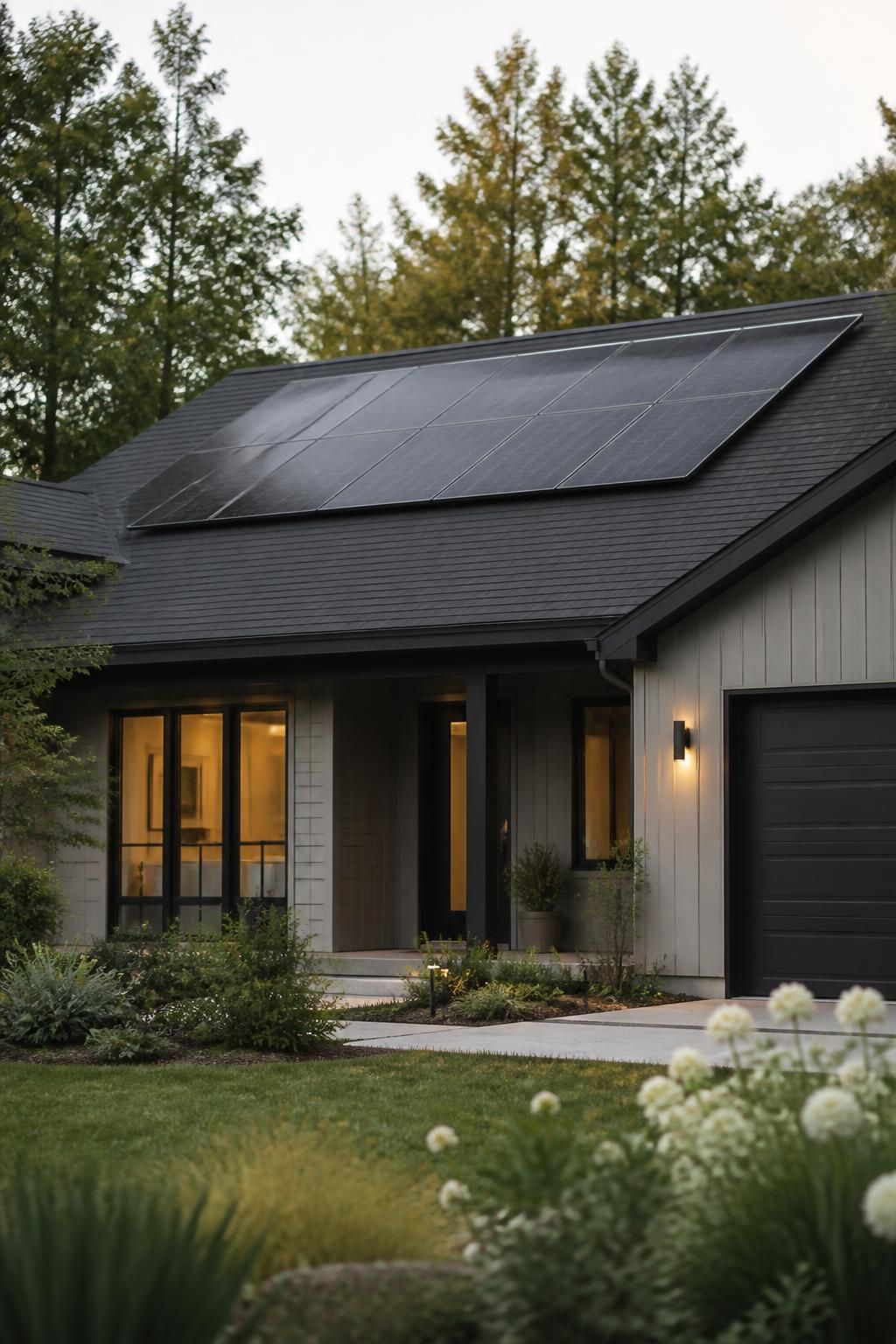 Finished home exterior with integrated solar panels and clean roofline
