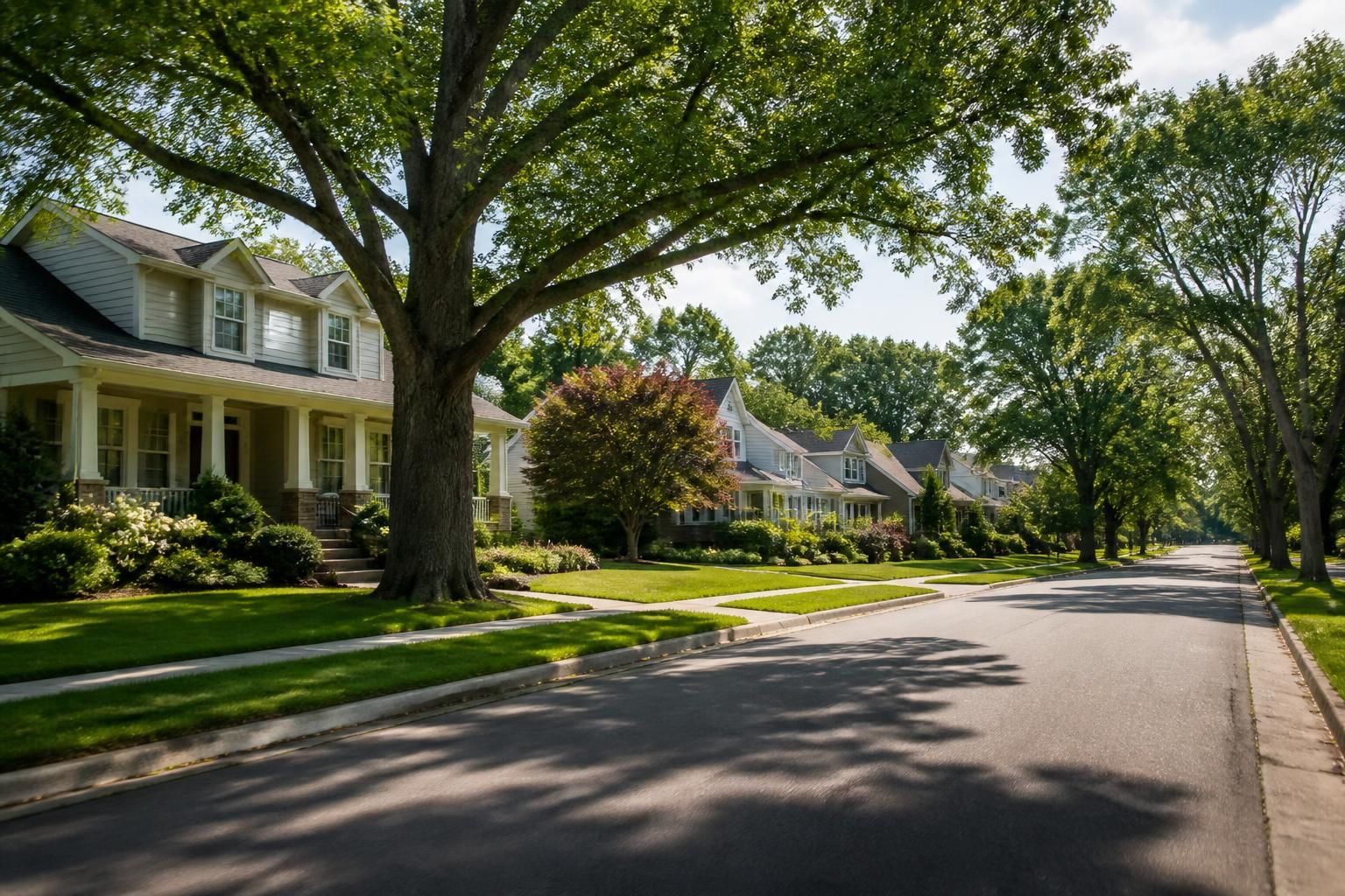 Residential street with mature trees and bright daylight