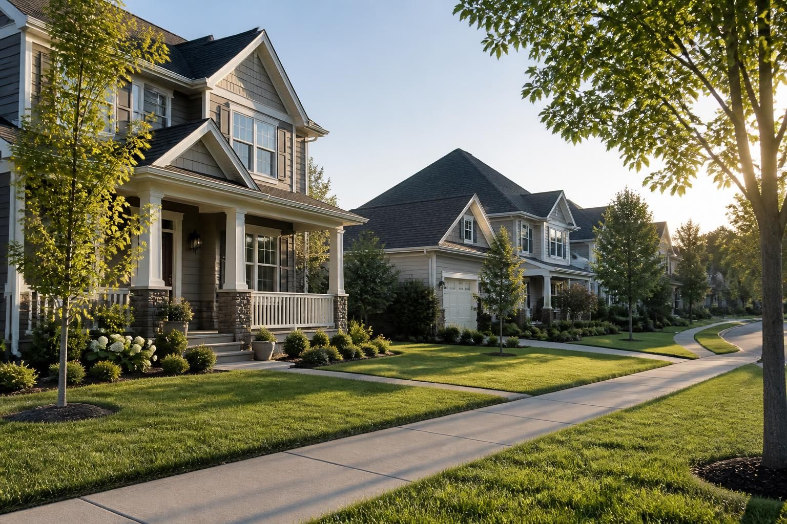 Spacious suburban neighborhood in warm afternoon sunlight