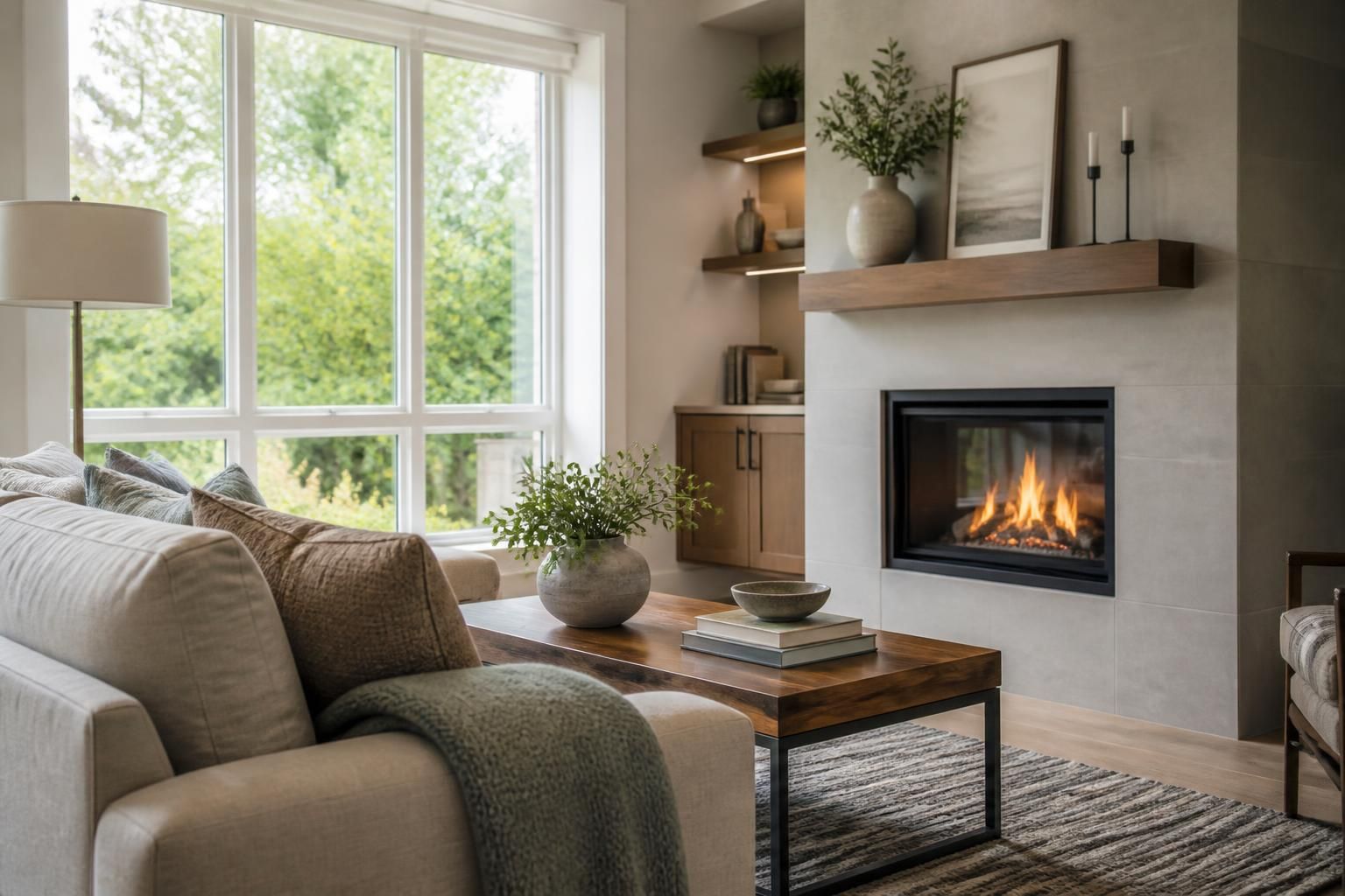 Bright energy-efficient living room with natural light