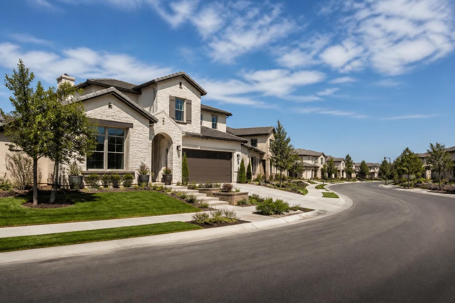 Upscale residential community with modern homes and clear sky