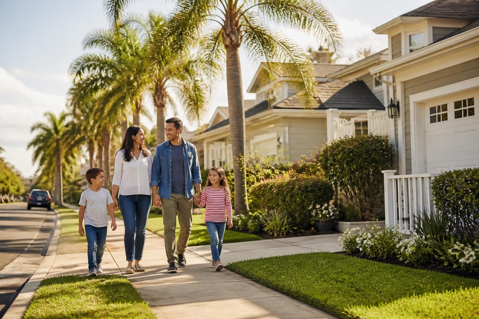 Family-friendly neighborhood with homes and palm trees