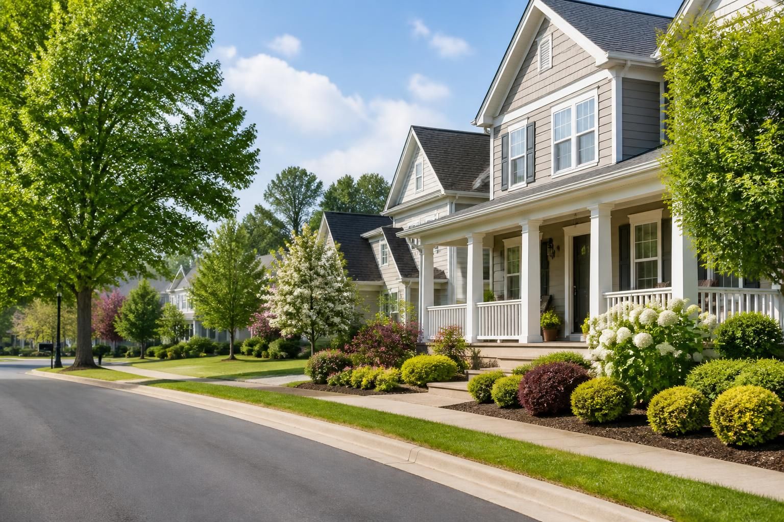 Well-kept suburban neighborhood with green landscaping