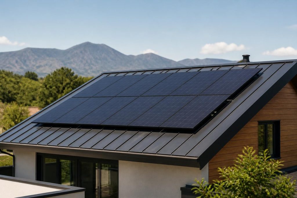 Modern home roof with sleek solar panels in natural daylight
