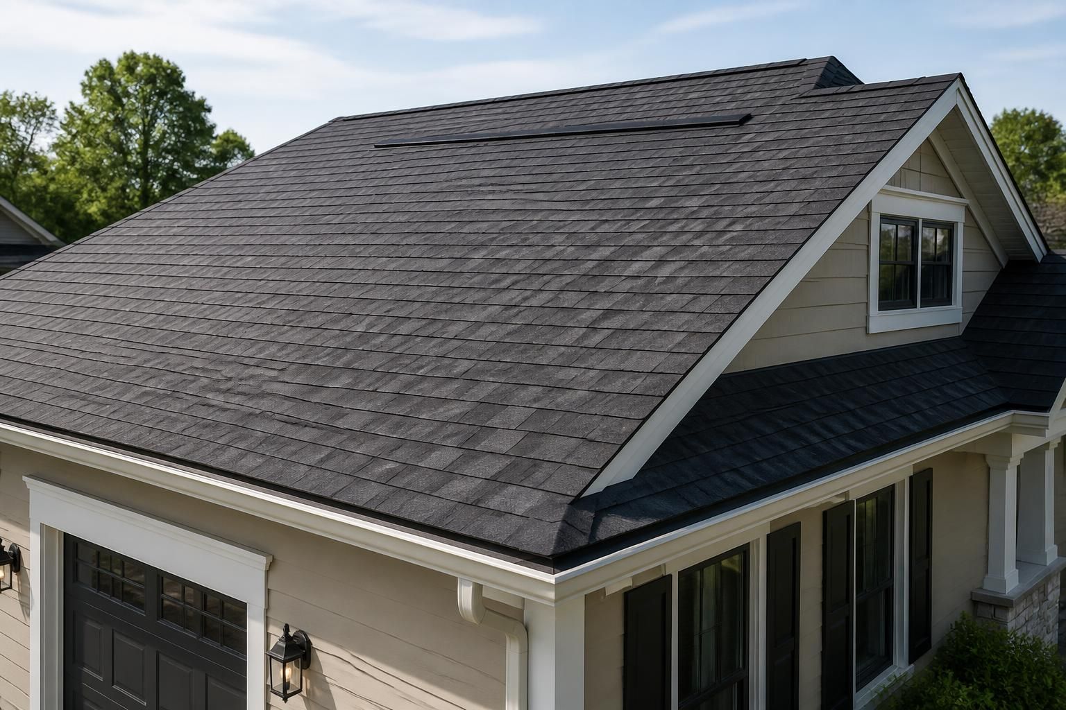 Residential roof viewed from above with solar-ready surfaces