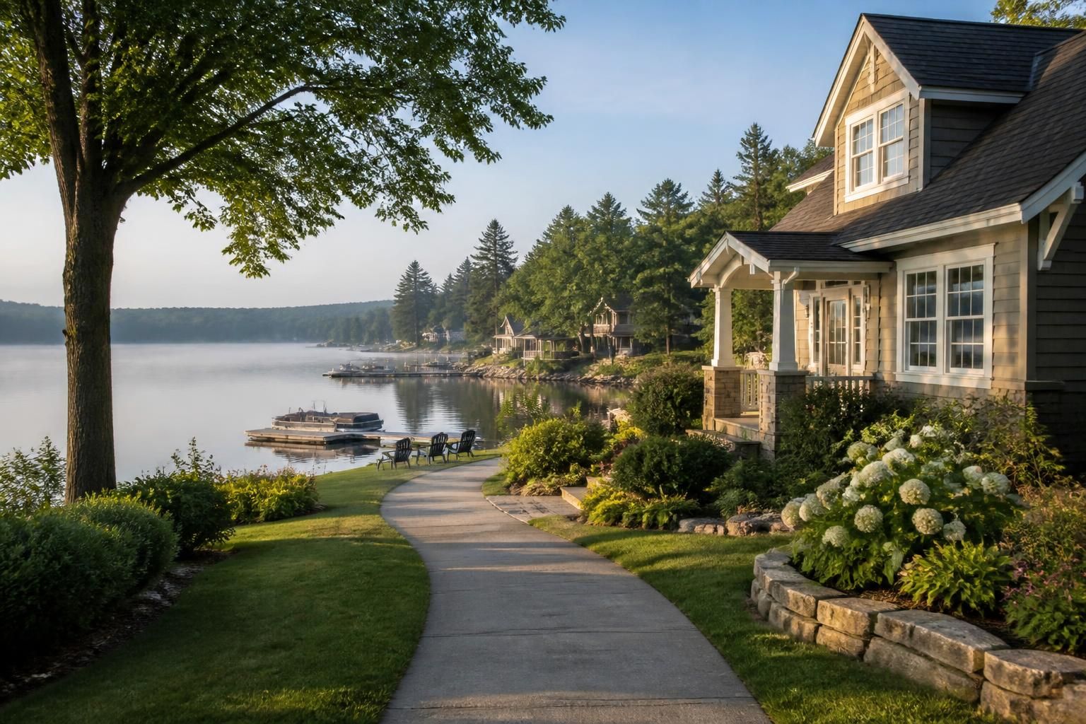 Tidy lakeside neighborhood with homes in soft morning light