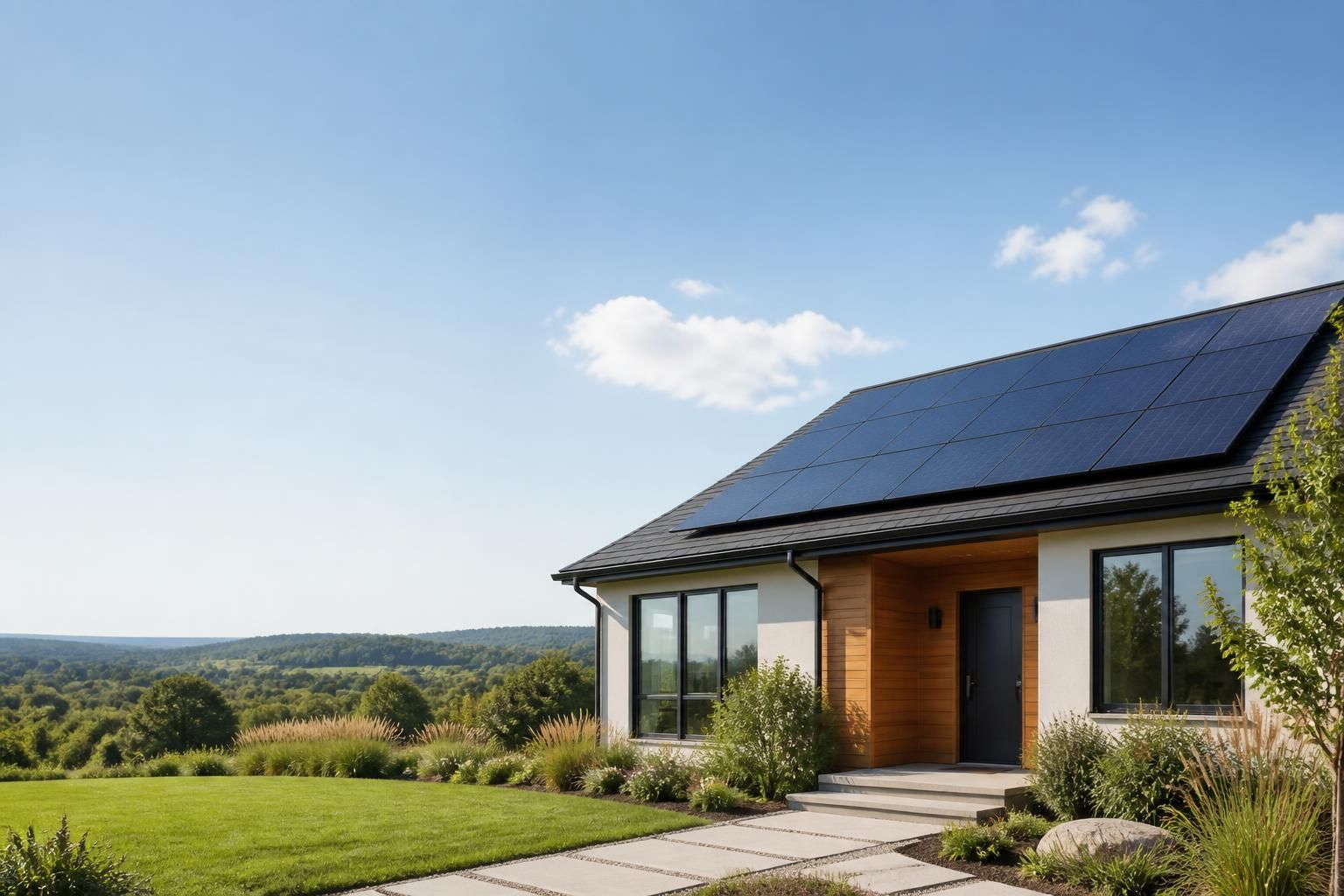 Bright modern home exterior with solar panels and open sky