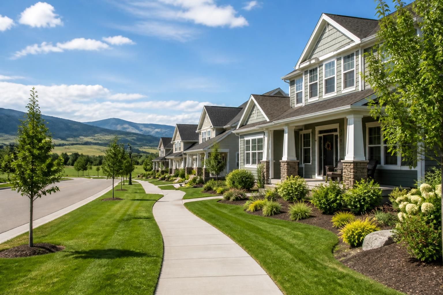 Suburban neighborhood near green spaces in bright daylight