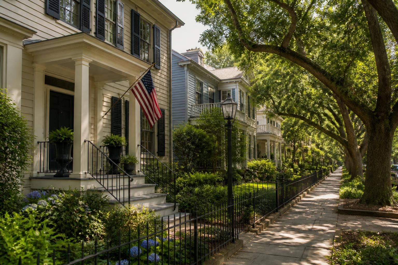 Charming residential district with tree shade and warm light