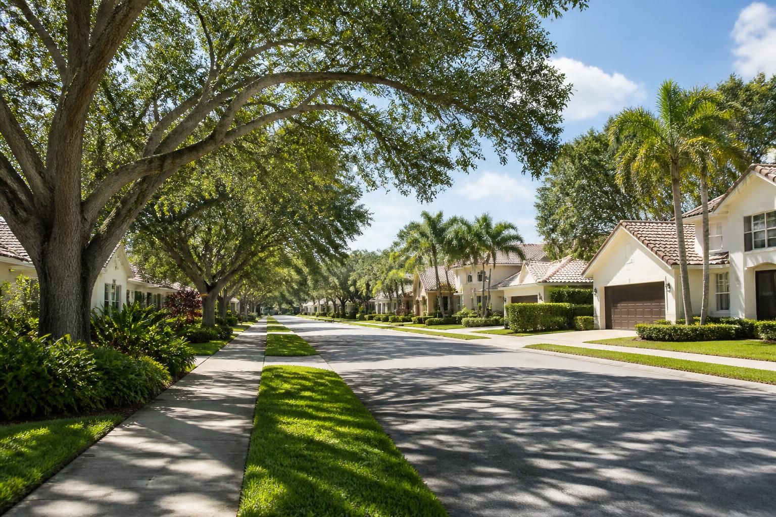 Tree-lined residential neighborhood in warm Florida daylight
