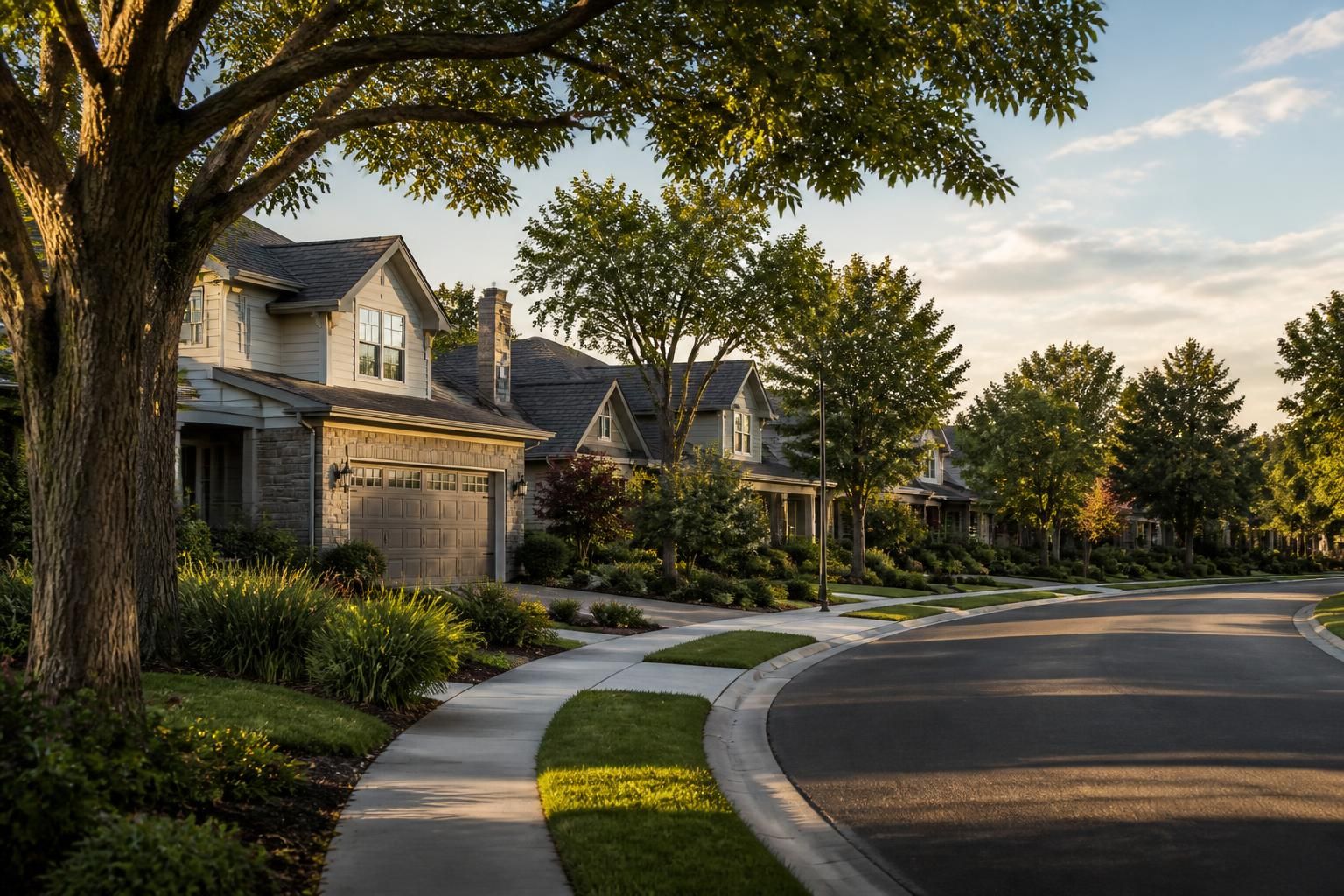 Residential street with mature landscaping in golden-hour light